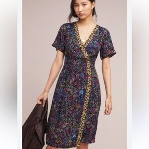 Anthropologie Maeve Dress - Morgan Boho Floral w/ Cheetah Trim  - Size 6